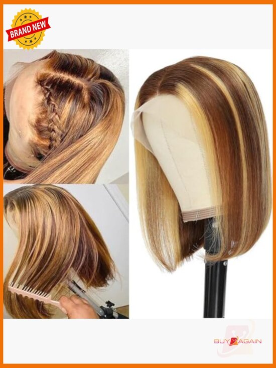 180% Density Straight Bob Lace Front Wig Human Hair Highlight Pre Plucked main image 5